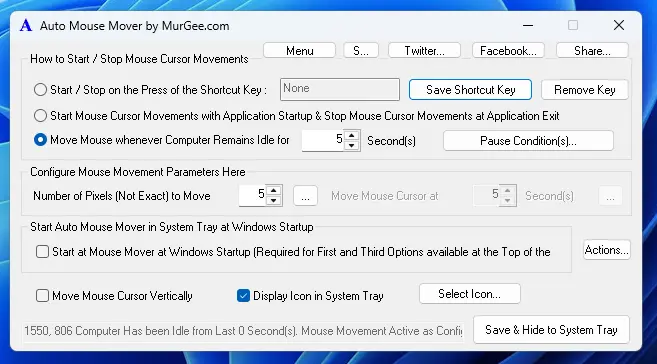 Screenshot of Auto Mouse Mover captured on Windows 11