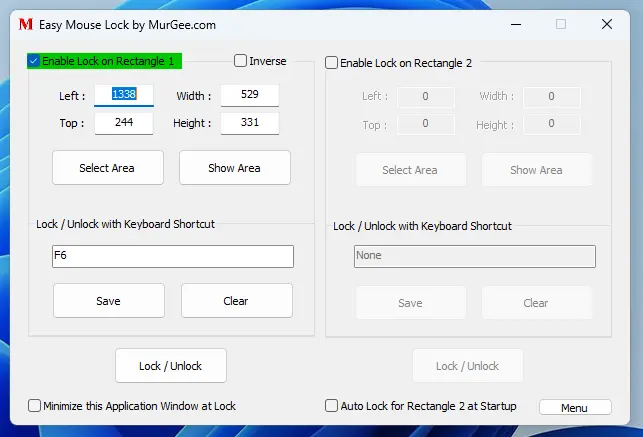 Screenshot of Easy Mouse Lock Software Captured on Windows 11 to Restrict Mouse Cursor Movement within assigned Rectangular Screen Area