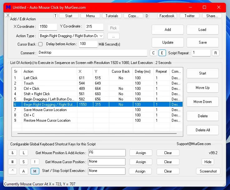 Screenshot of Auto Mouse Click by MurGee.com displaying various Mouse Automation Actions in a Script